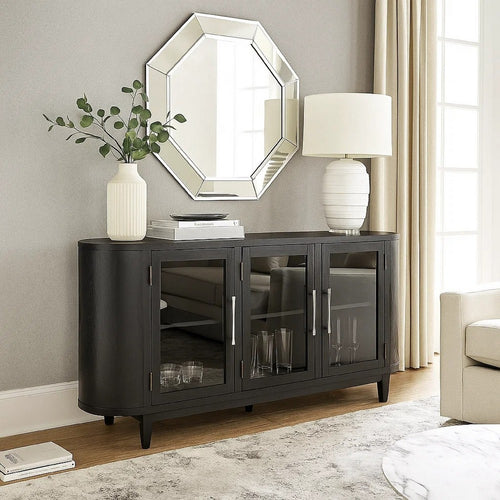 Robeck Dining Room Server | 3 Glass Doors w Nickel Handles | 74" Black