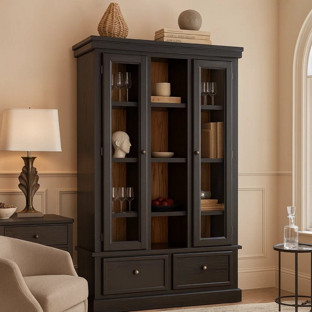 Gela Curio Cabinet w Glass Doors | Drawers | & Wine Shelves | Black