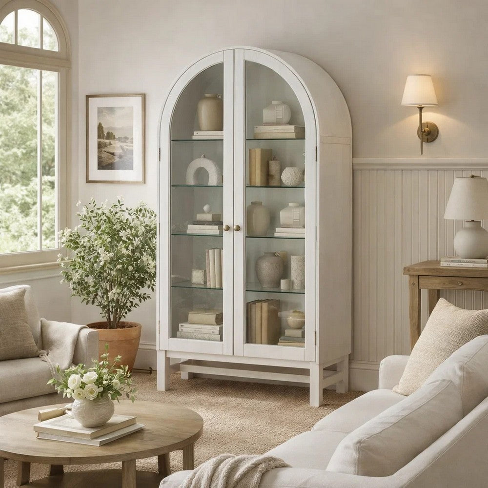 Gela Curio Display Cabinet | 2 Glass Arch Doors | Antique White Finish