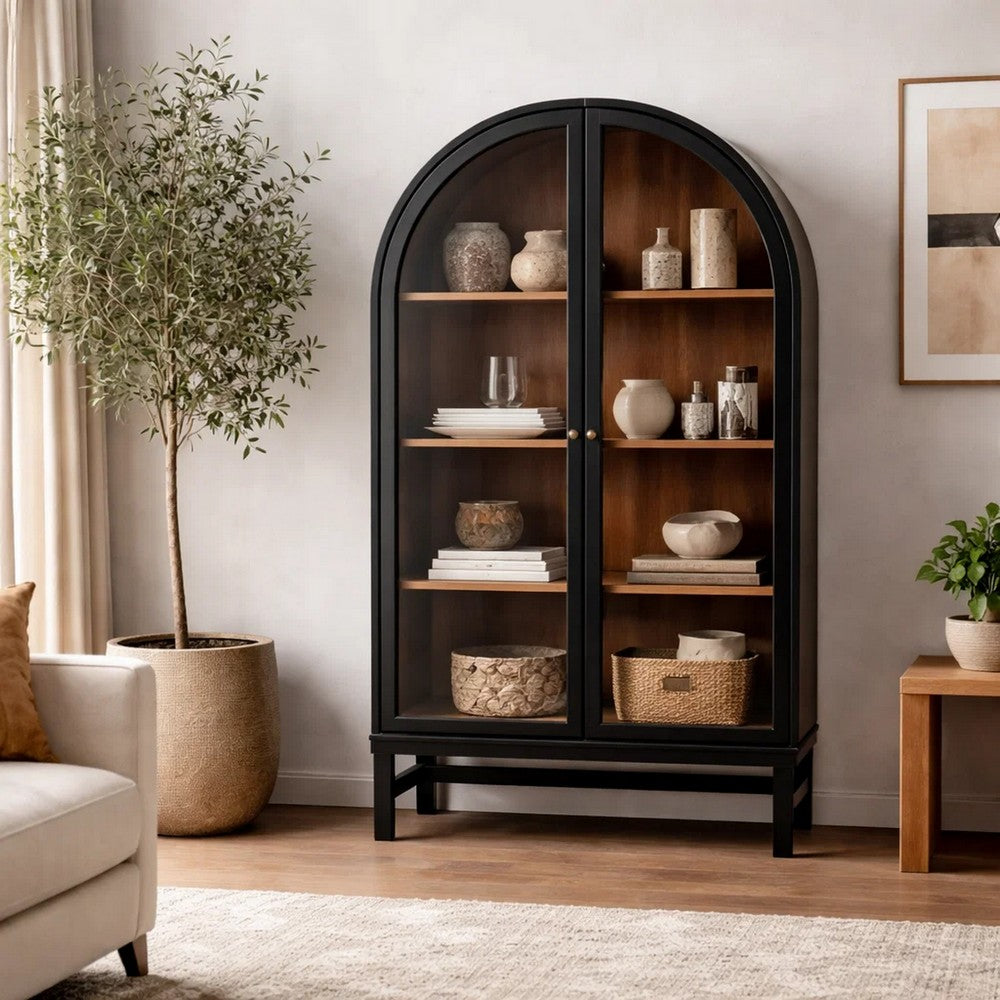 Gela Curio Display Cabinet | 2 Glass Arch Doors | 2 Tone Black & Brown