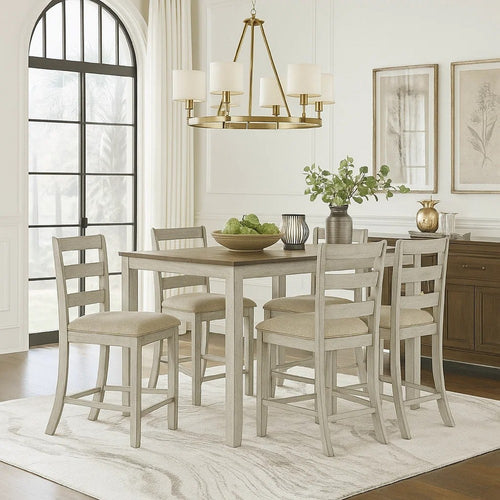 Kemo 7pc Counter Height Dining Table Set | 6 Ladderback Chairs | White Brown