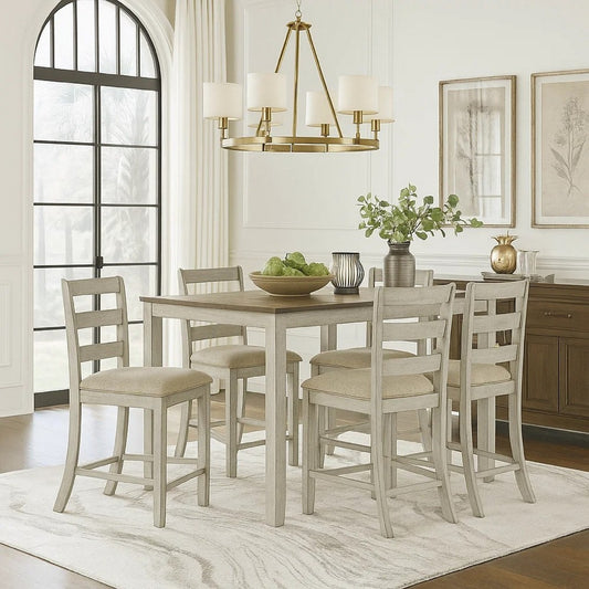 Kemo 7pc Counter Height Dining Table Set | 6 Ladderback Chairs | White Brown