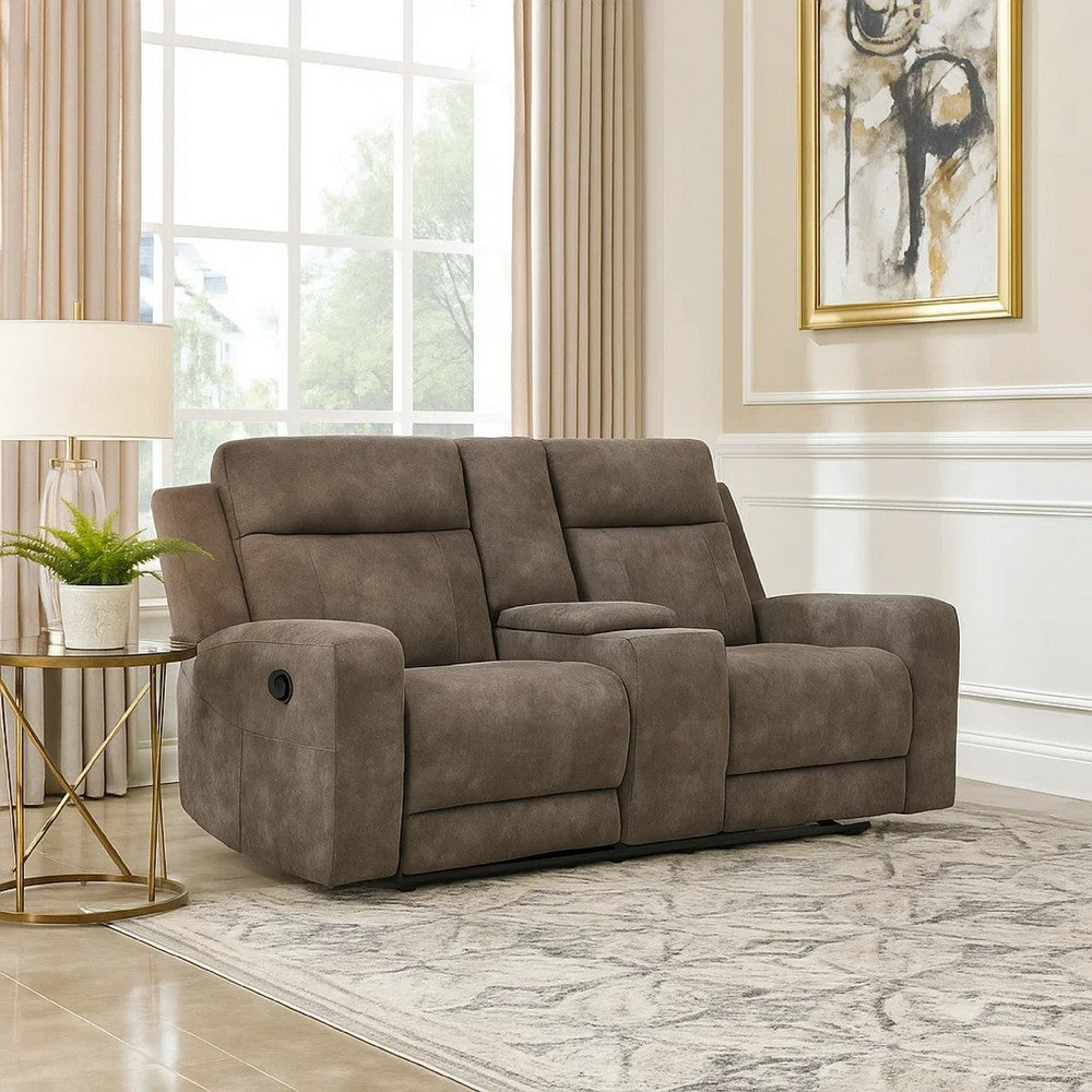 Diti Manual Reclining Loveseat w Console | Cupholders | Brown Microfiber