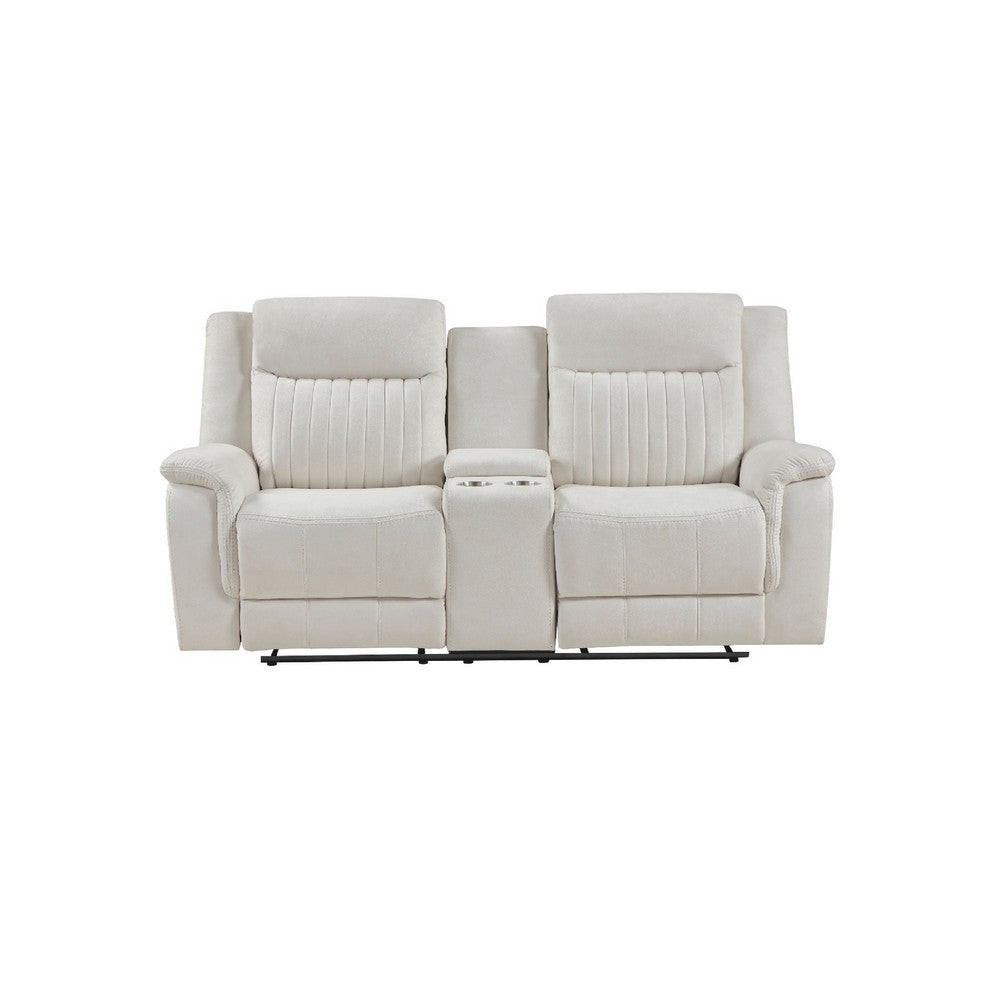 Lenny Manual Recliner Loveseat w Cupholder Console | Beige Microfiber