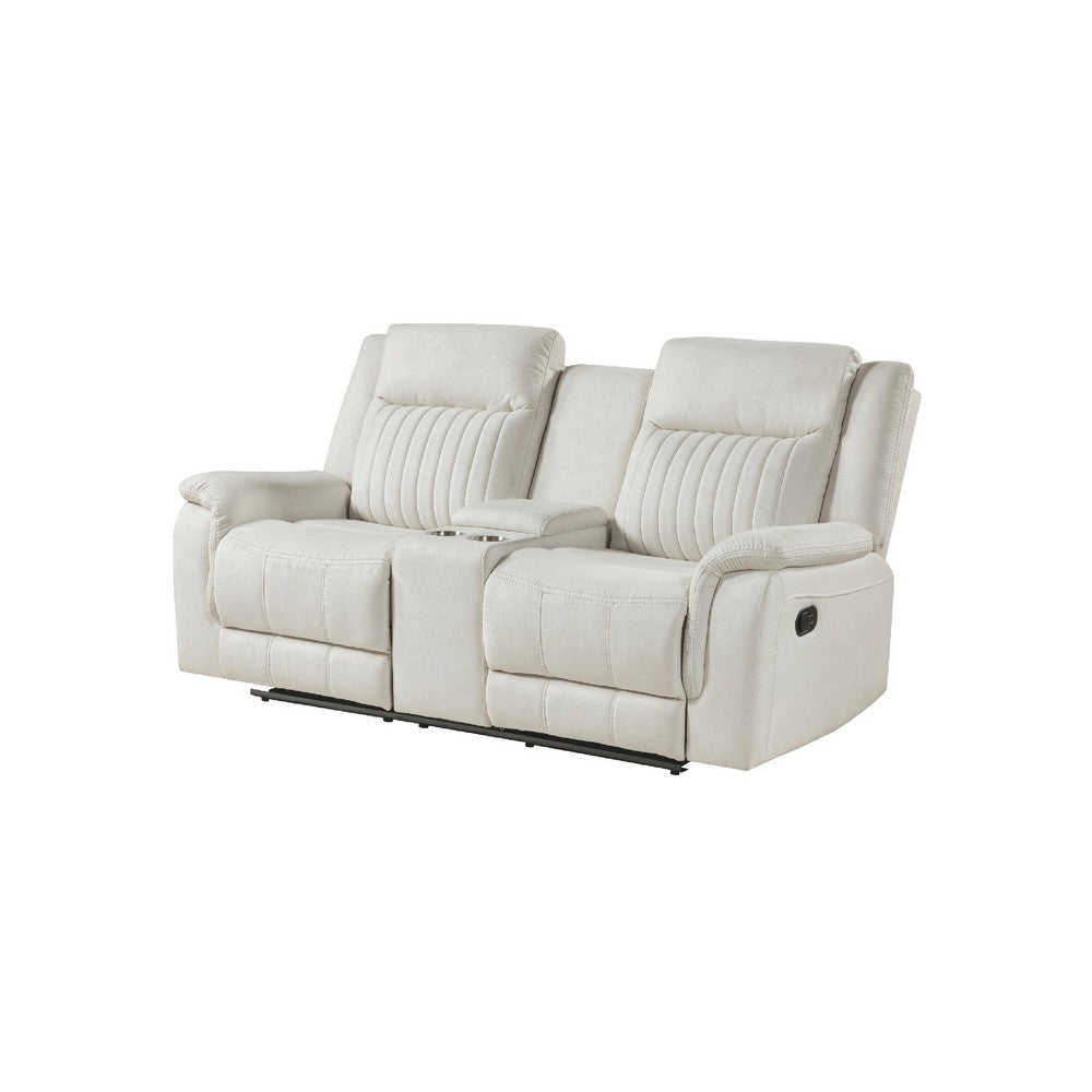 Lenny Manual Recliner Loveseat w Cupholder Console | Beige Microfiber