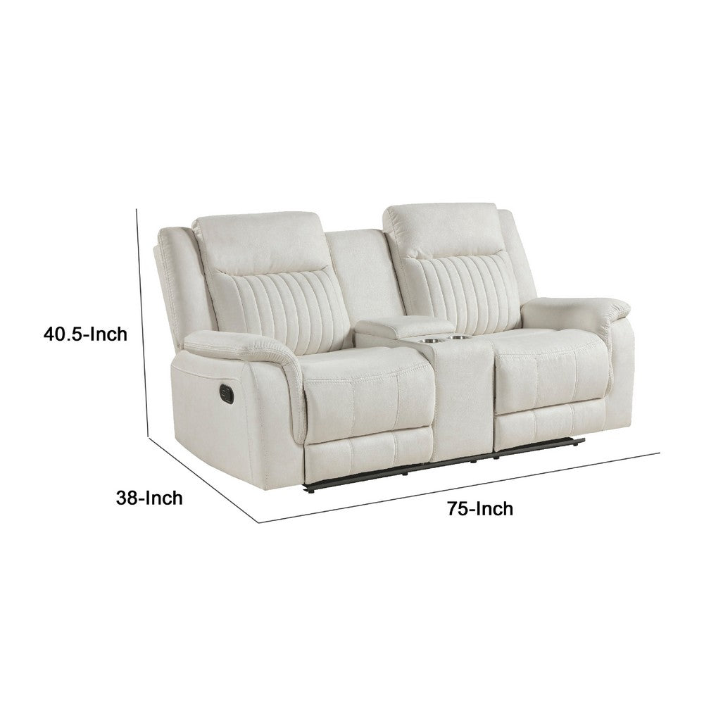 Lenny Manual Recliner Loveseat w Cupholder Console | Beige Microfiber
