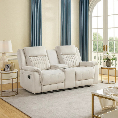 Lenny Manual Recliner Loveseat w Cupholder Console | Beige Microfiber