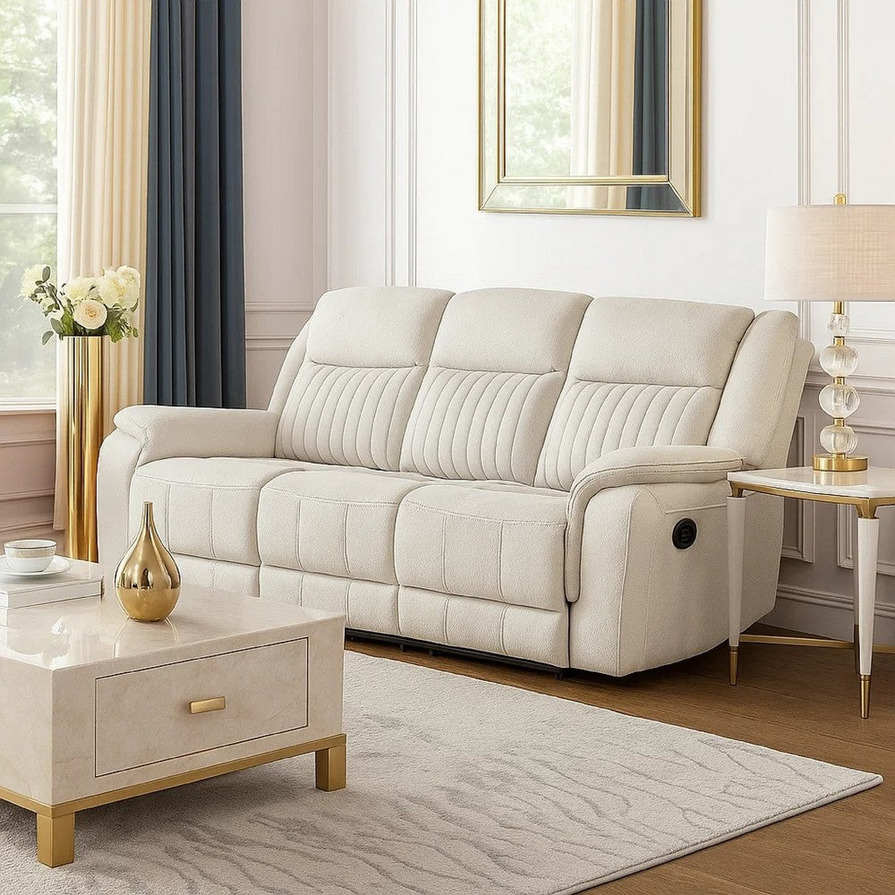 Lenny Manual Recliner Sofa | 3 Seater | Channeled Back | Beige Microfiber