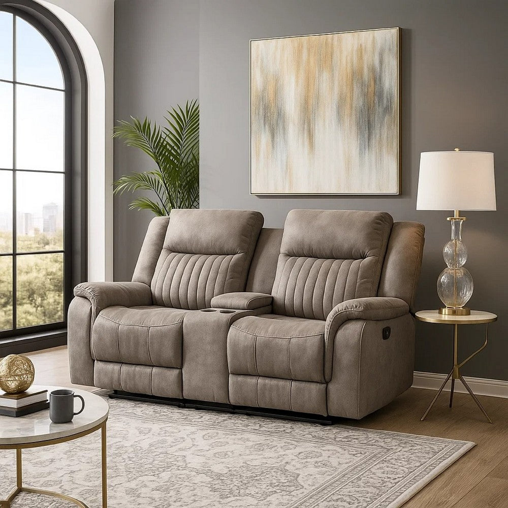Lenny Manual Recliner Loveseat w Cupholder Console | Gray Microfiber