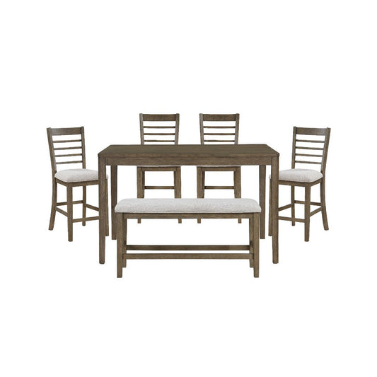 Emy 6pc Counter Height Table Set | 4 White Chairs | Bench | Light Brown