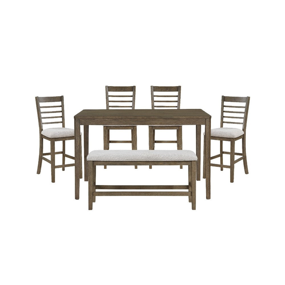 Emy 6pc Counter Height Table Set | 4 White Chairs | Bench | Light Brown