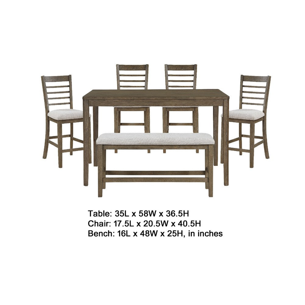 Emy 6pc Counter Height Table Set | 4 White Chairs | Bench | Light Brown