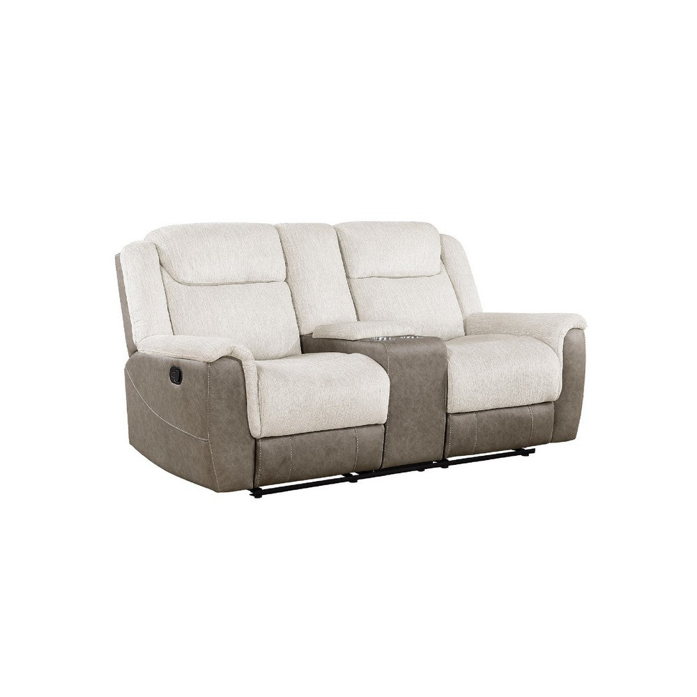Feo Double Manual Reclining Loveseat w Console | Beige & Gray Chenille
