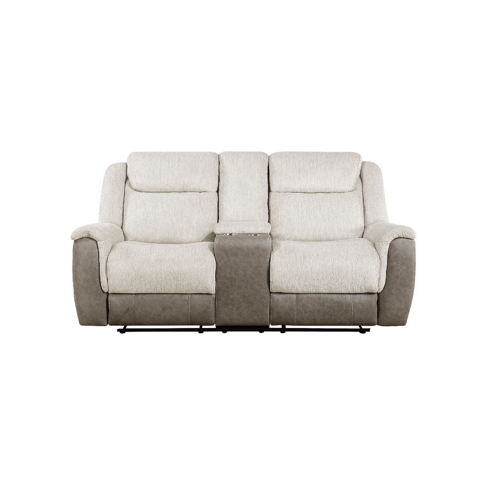 Feo Double Manual Reclining Loveseat w Console | Beige & Gray Chenille