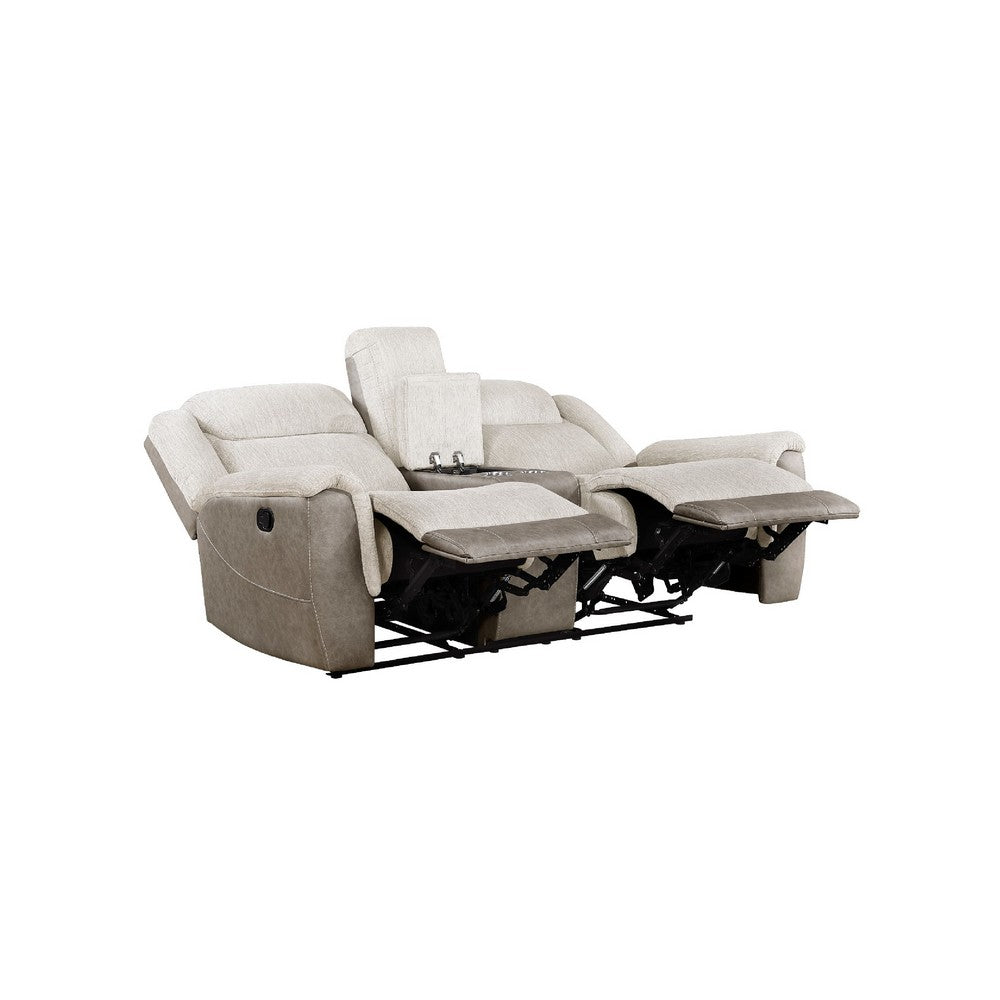 Feo Double Manual Reclining Loveseat w Console | Beige & Gray Chenille