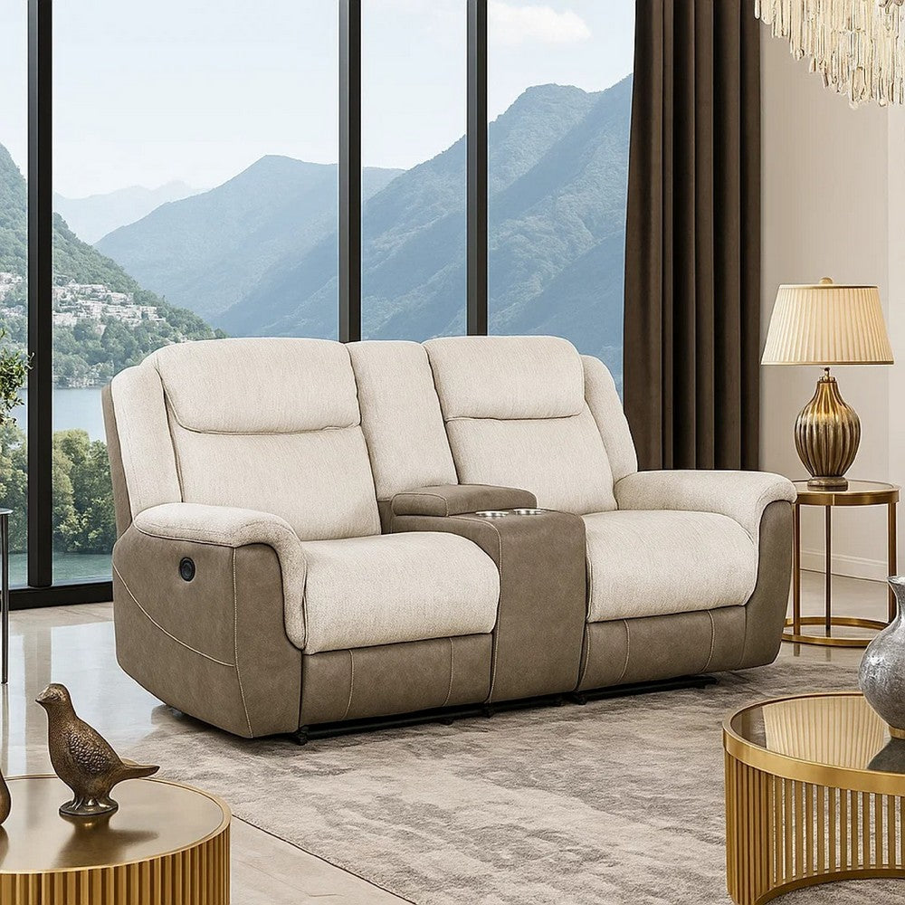 Feo Double Manual Reclining Loveseat w Console | Beige & Gray Chenille