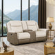 Feo Double Manual Reclining Loveseat w Console | Beige & Gray Chenille
