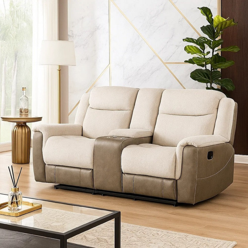 Feo Double Manual Reclining Loveseat w Console | Beige & Gray Chenille