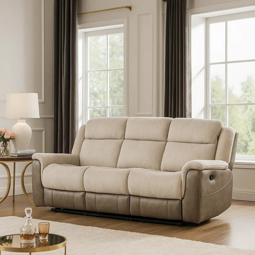 Feo Double Manual Reclining Sofa | Beige & Gray Chenille | Foam Cushions