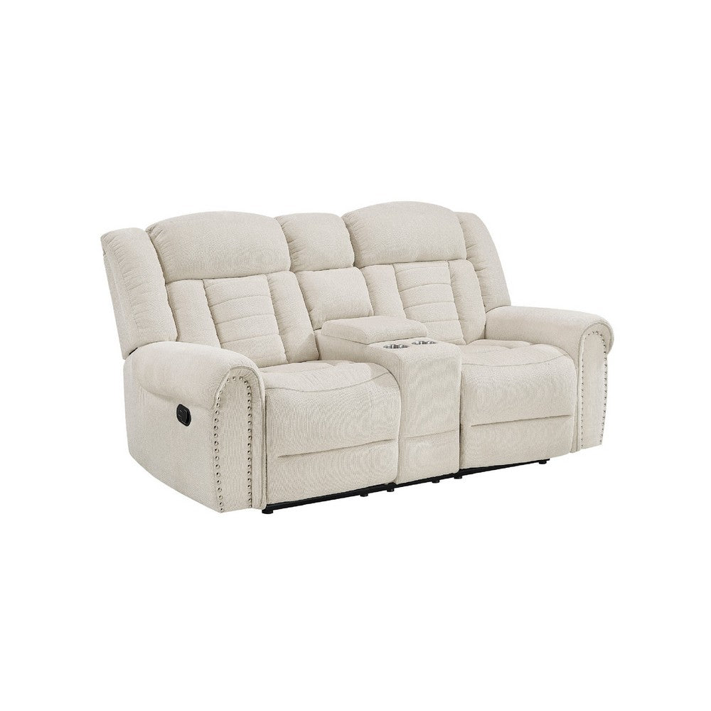 Reo Double Manual Reclining Loveseat w Console | Beige Chenille