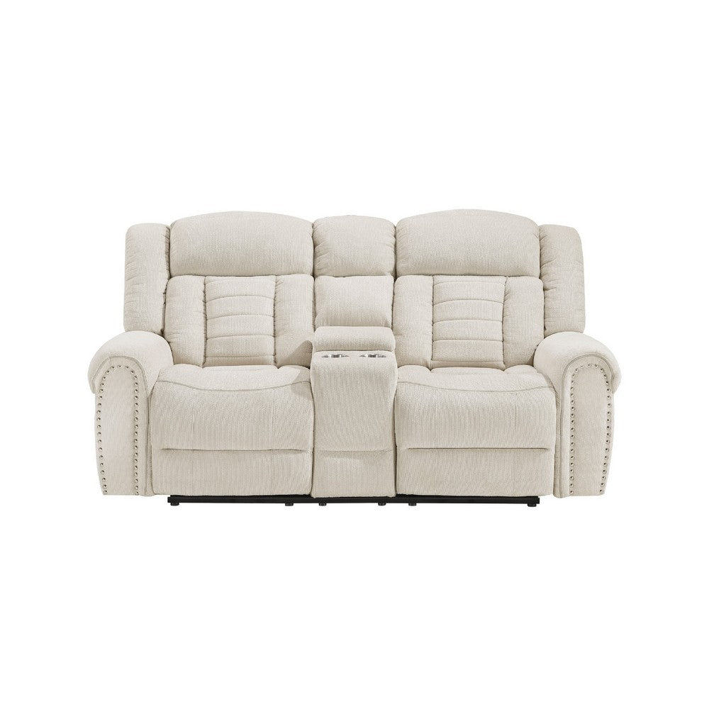 Reo Double Manual Reclining Loveseat w Console | Beige Chenille