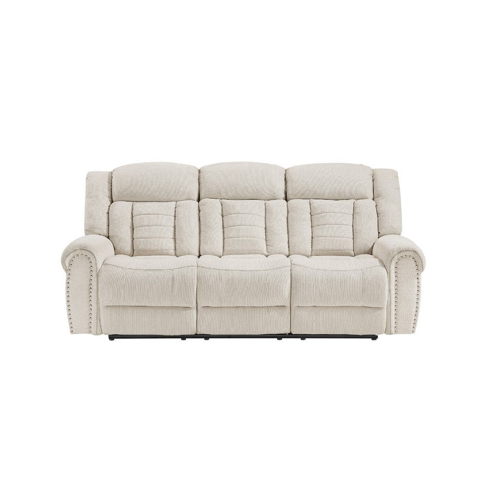 Reo Double Manual Reclining Sofa w Nailhead Trim | Beige Chenille
