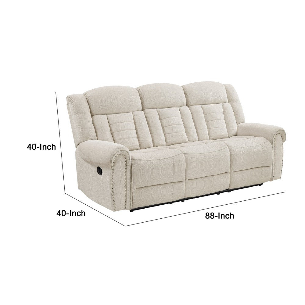 Reo Double Manual Reclining Sofa w Nailhead Trim | Beige Chenille