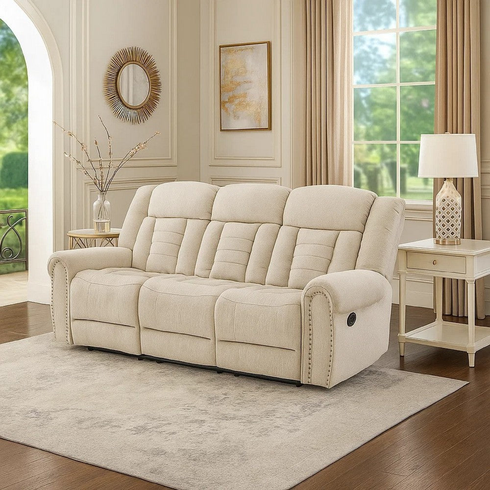 Reo Double Manual Reclining Sofa w Nailhead Trim | Beige Chenille
