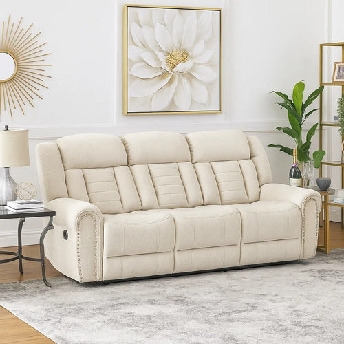 Reo Double Manual Reclining Sofa w Nailhead Trim | Beige Chenille