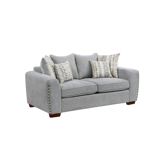 Gini Loveseat | 6 Accent Pillows | Nailhead Trim | Gray Chenille | 70"