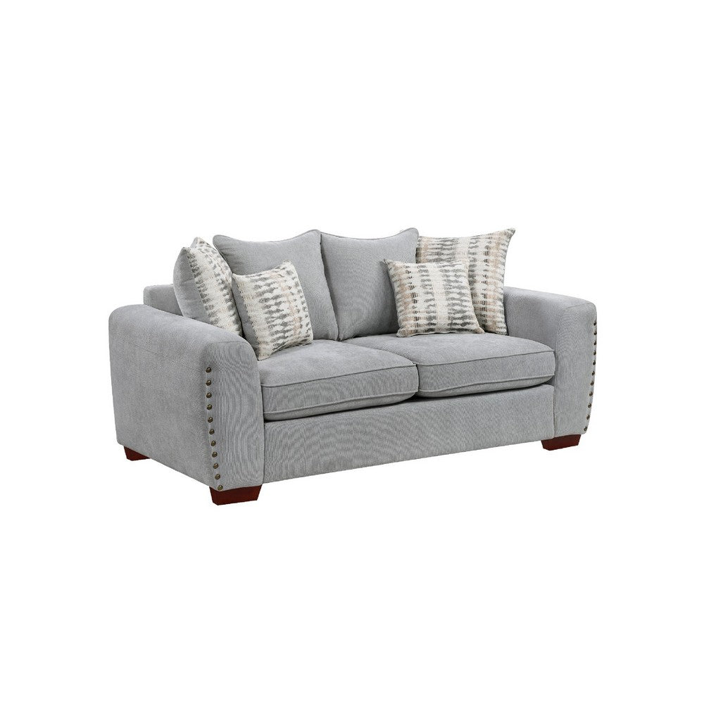 Gini Loveseat | 6 Accent Pillows | Nailhead Trim | Gray Chenille | 70"
