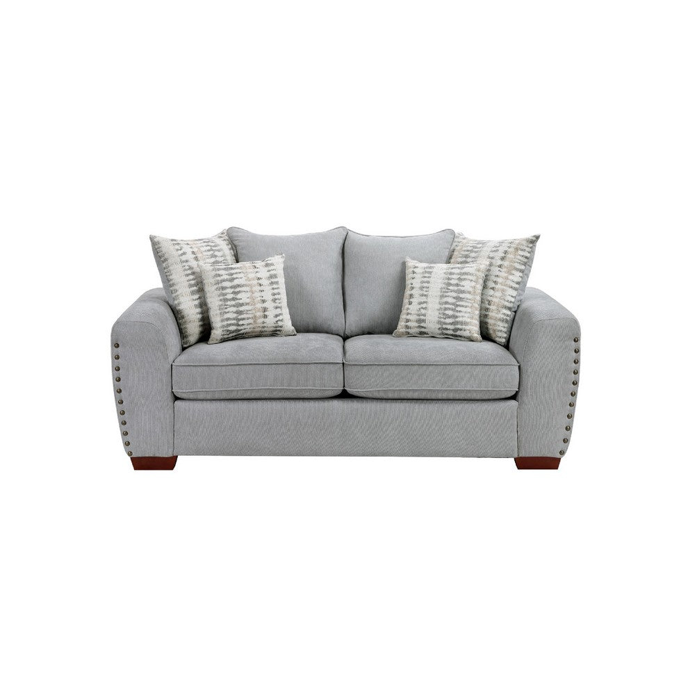 Gini Loveseat | 6 Accent Pillows | Nailhead Trim | Gray Chenille | 70"