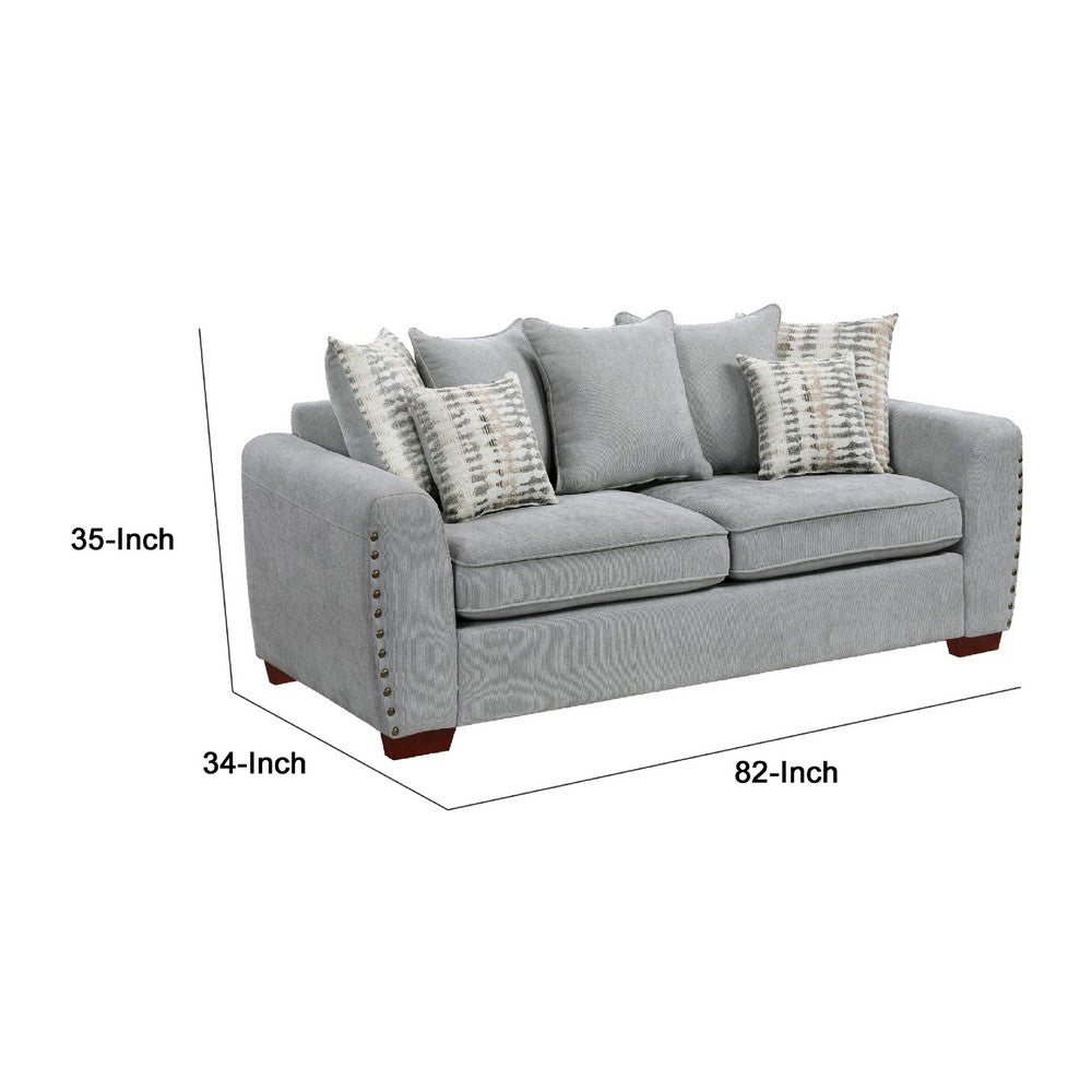 Gini Loveseat | 6 Accent Pillows | Nailhead Trim | Gray Chenille | 70"