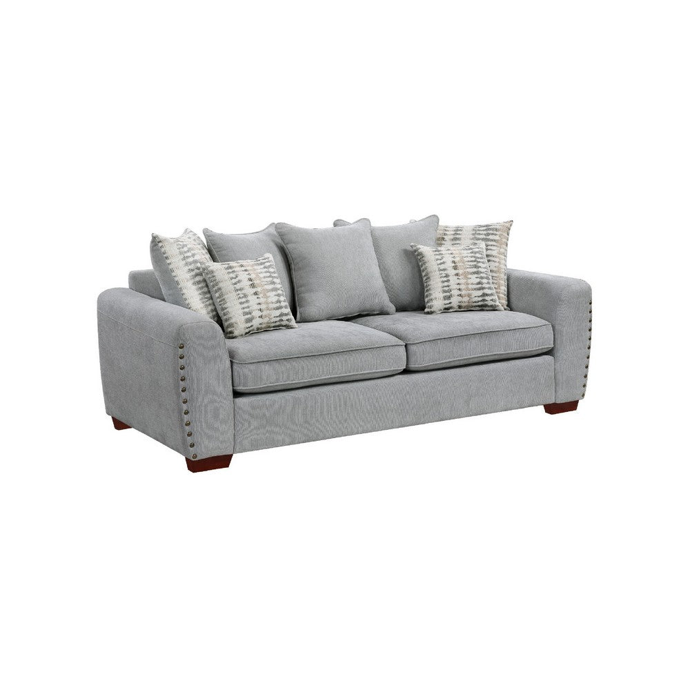 Gini Sofa | 7 Accent Pillows | Nailhead Trim | Gray Chenille | 82"