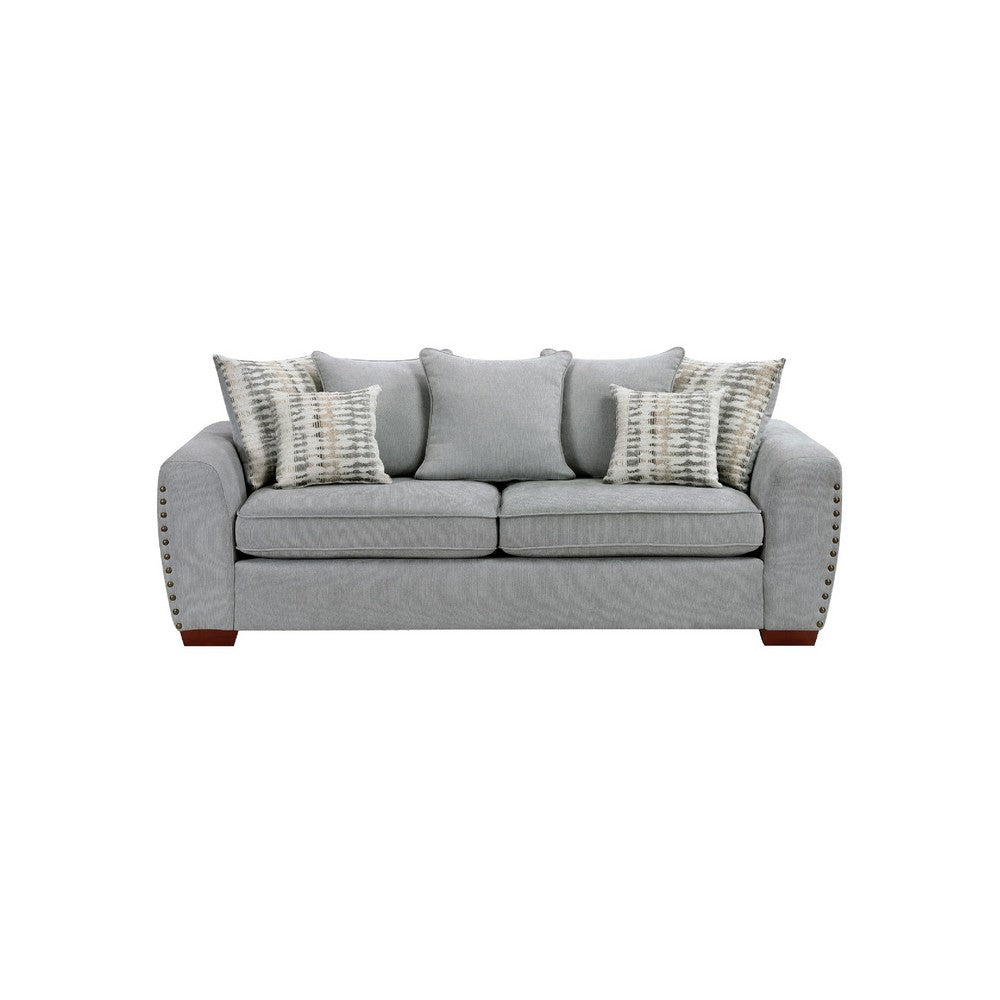 Gini Sofa | 7 Accent Pillows | Nailhead Trim | Gray Chenille | 82"