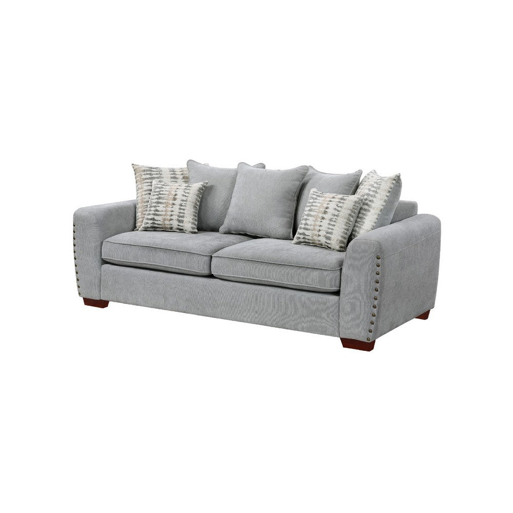 Gini Sofa | 7 Accent Pillows | Nailhead Trim | Gray Chenille | 82"