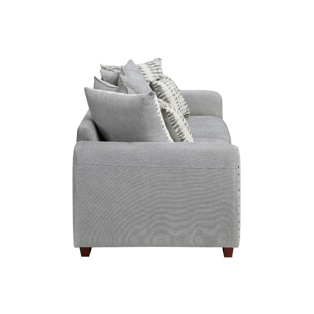 Gini Sofa | 7 Accent Pillows | Nailhead Trim | Gray Chenille | 82"
