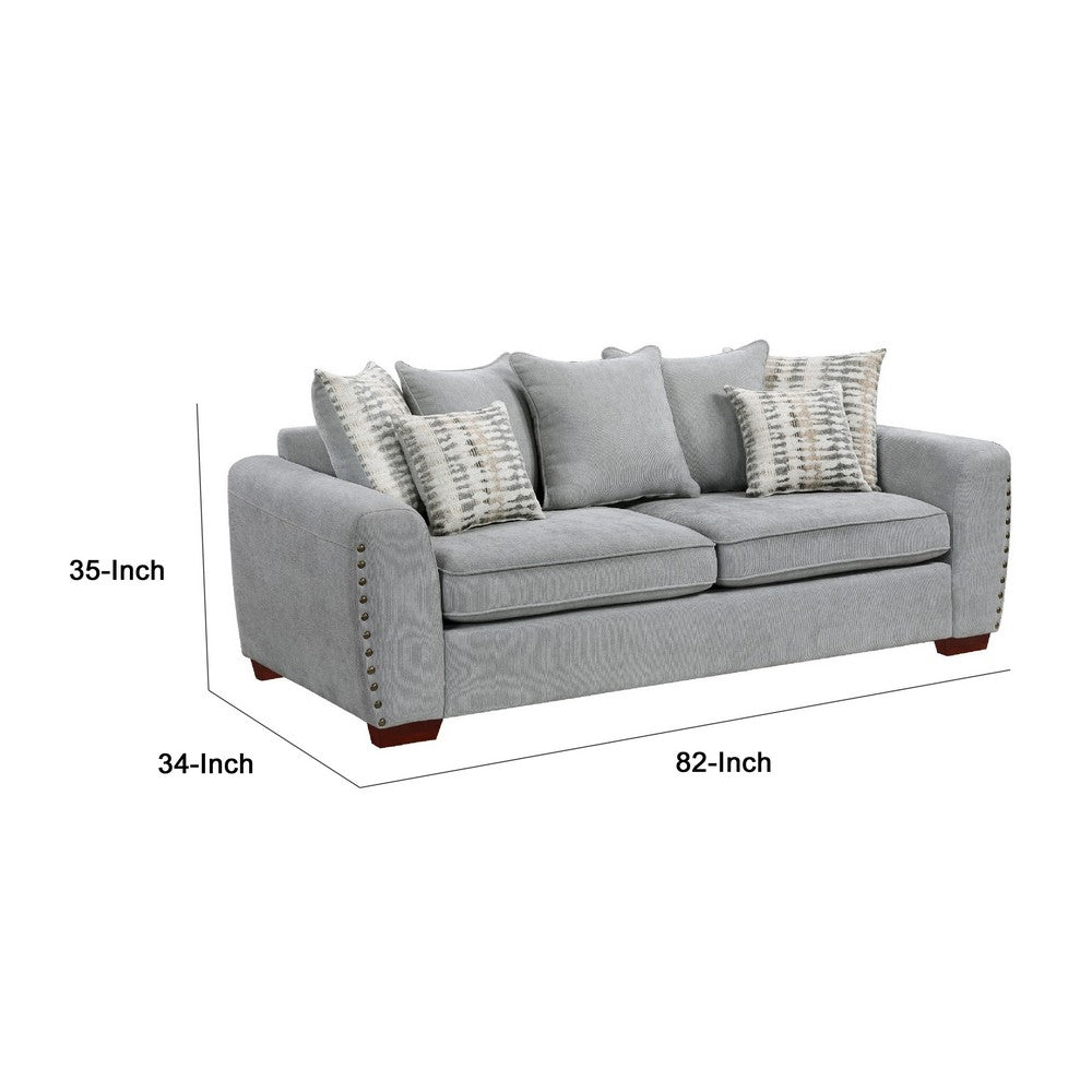 Gini Sofa | 7 Accent Pillows | Nailhead Trim | Gray Chenille | 82"