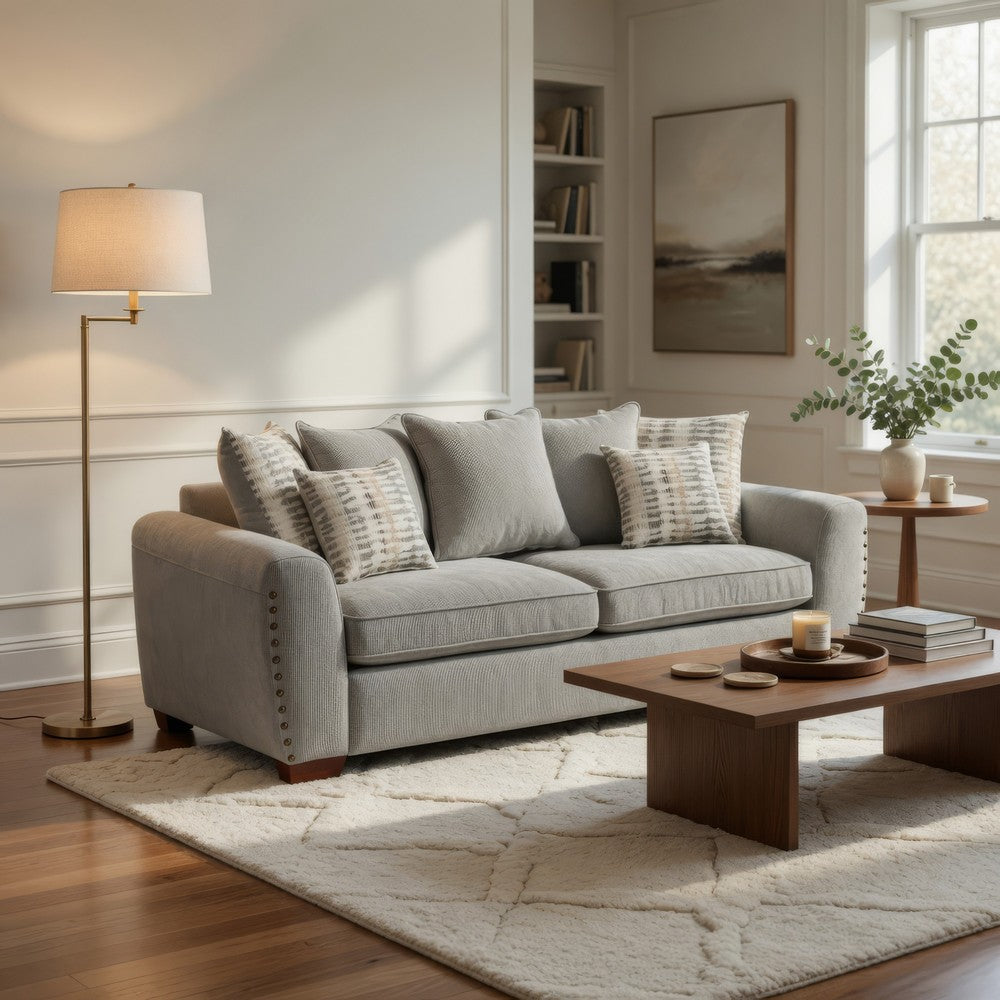 Gini Sofa | 7 Accent Pillows | Nailhead Trim | Gray Chenille | 82"