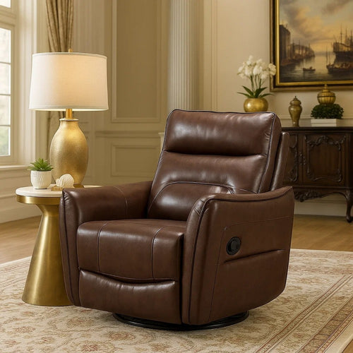 Temy Swivel Glider Manual Reclining Chair | Dark Brown Grain Leather