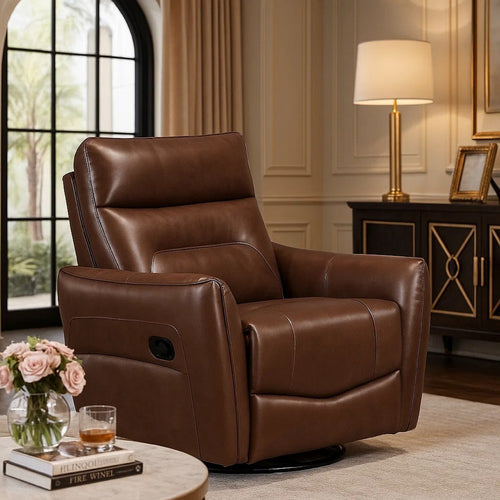 Temy Swivel Glider Manual Reclining Chair | Toffee Brown Grain Leather