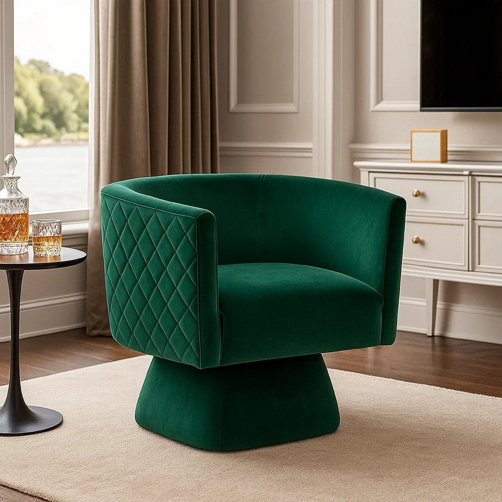 Cabe Swivel Accent Armchair | Diamond Stitch Back | Emerald Green Velvet