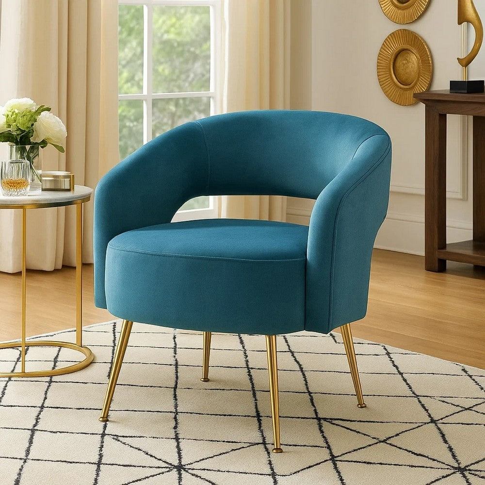 Noel Accent Chair | Curved Open Back | Teal Blue Velvet | Gold Metal Legs