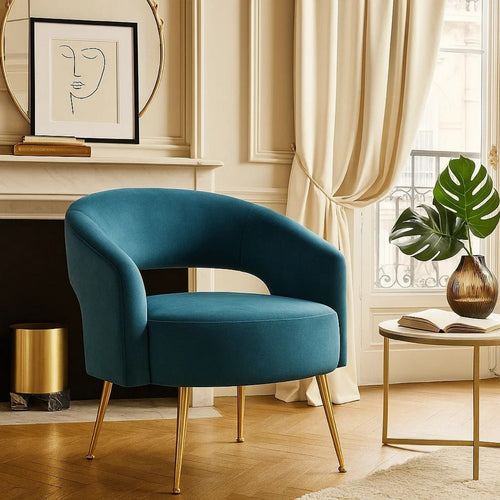 Noel Accent Chair | Curved Open Back | Teal Blue Velvet | Gold Metal Legs