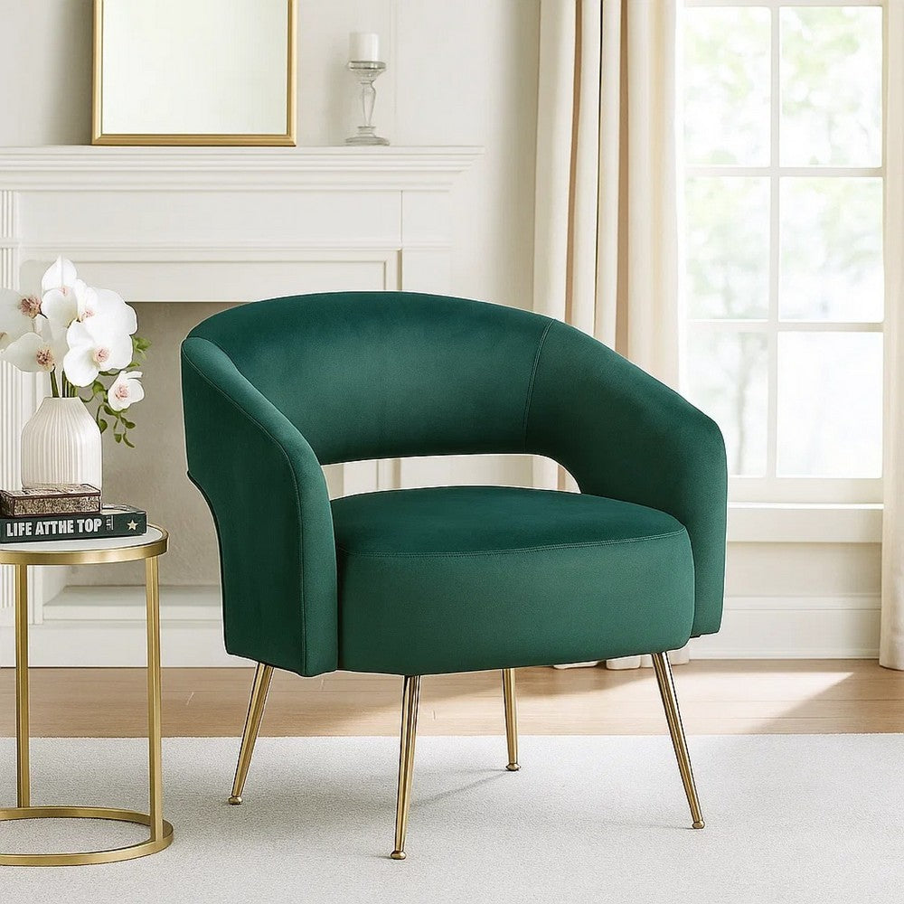 Noel Accent Chair | Curved Open Back | Dark Green Velvet | Gold Metal Legs