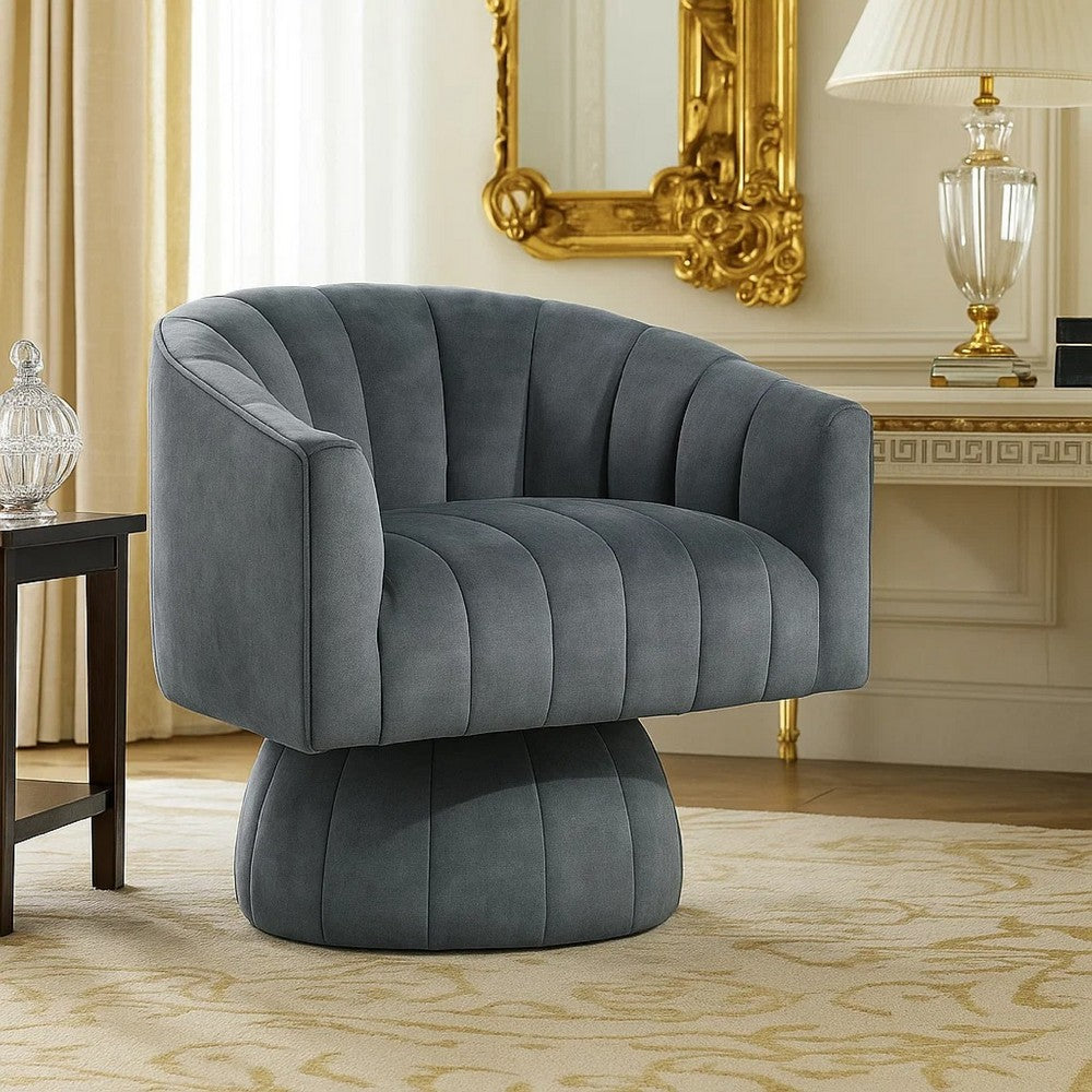Rex Swivel Accent Chair | Barrel Channel Stitched Velvet | Dark Gray