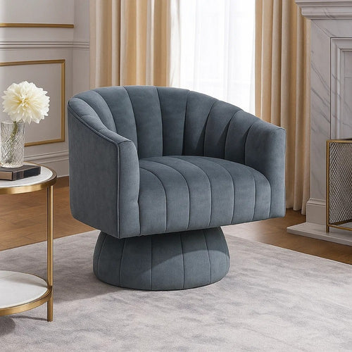 Rex Swivel Accent Chair | Barrel Channel Stitched Velvet | Dark Gray