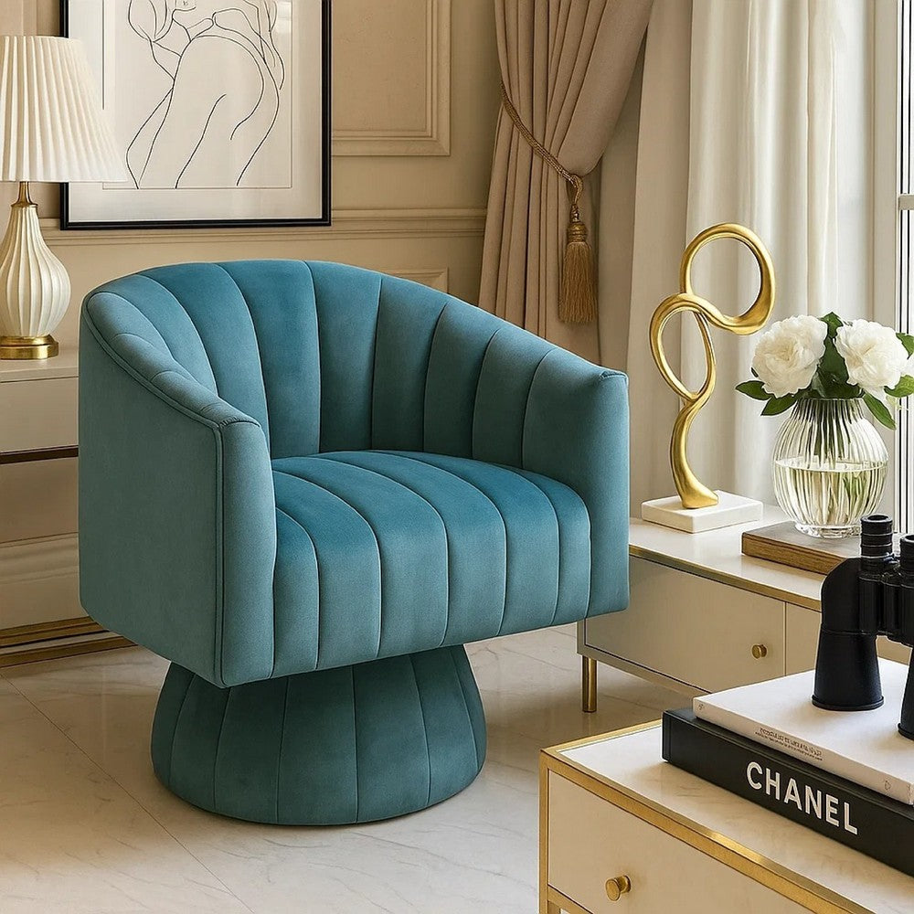 Rex Swivel Accent Chair | Barrel Channel Stitched Velvet | Teal Blue