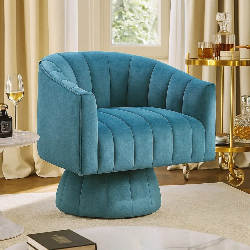 Rex Swivel Accent Chair | Barrel Channel Stitched Velvet | Teal Blue