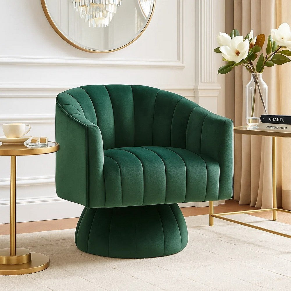 Rex Swivel Accent Chair | Barrel Channel Stitched Velvet | Green